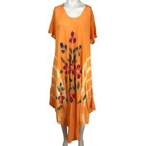 SAKKAS - WOMEN'S ONE SIZE - ORANGE FLORAL SHORT SLEEVE TIE DYE BOHO HIPPIE DRESS